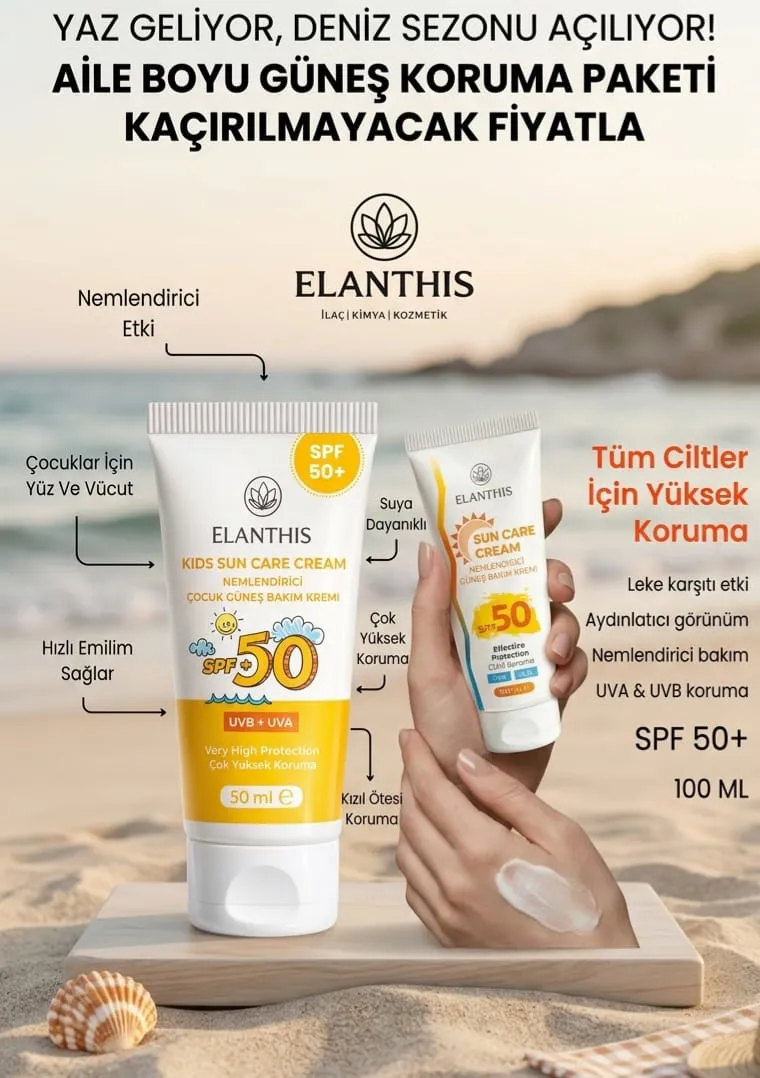 Elanthis Aile Boyu Güneş Koruma Paketi - Çocuk SPF 50 (50 ml) + Yetişkin SPF 50+ (100 ml)